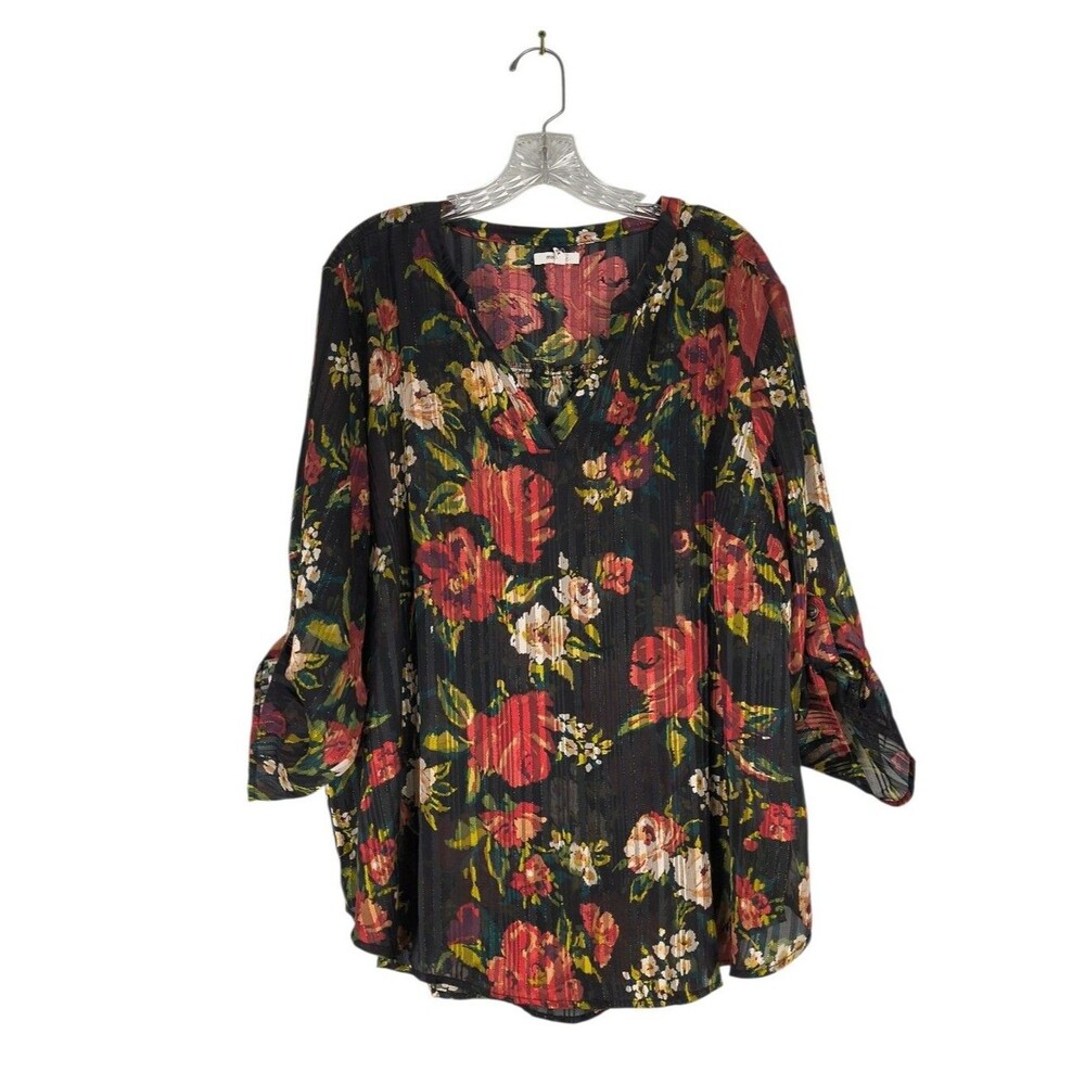 Maurices Atwood Popover Blouse Womens 2X Black Red Floral Metallic Stripes Sheer